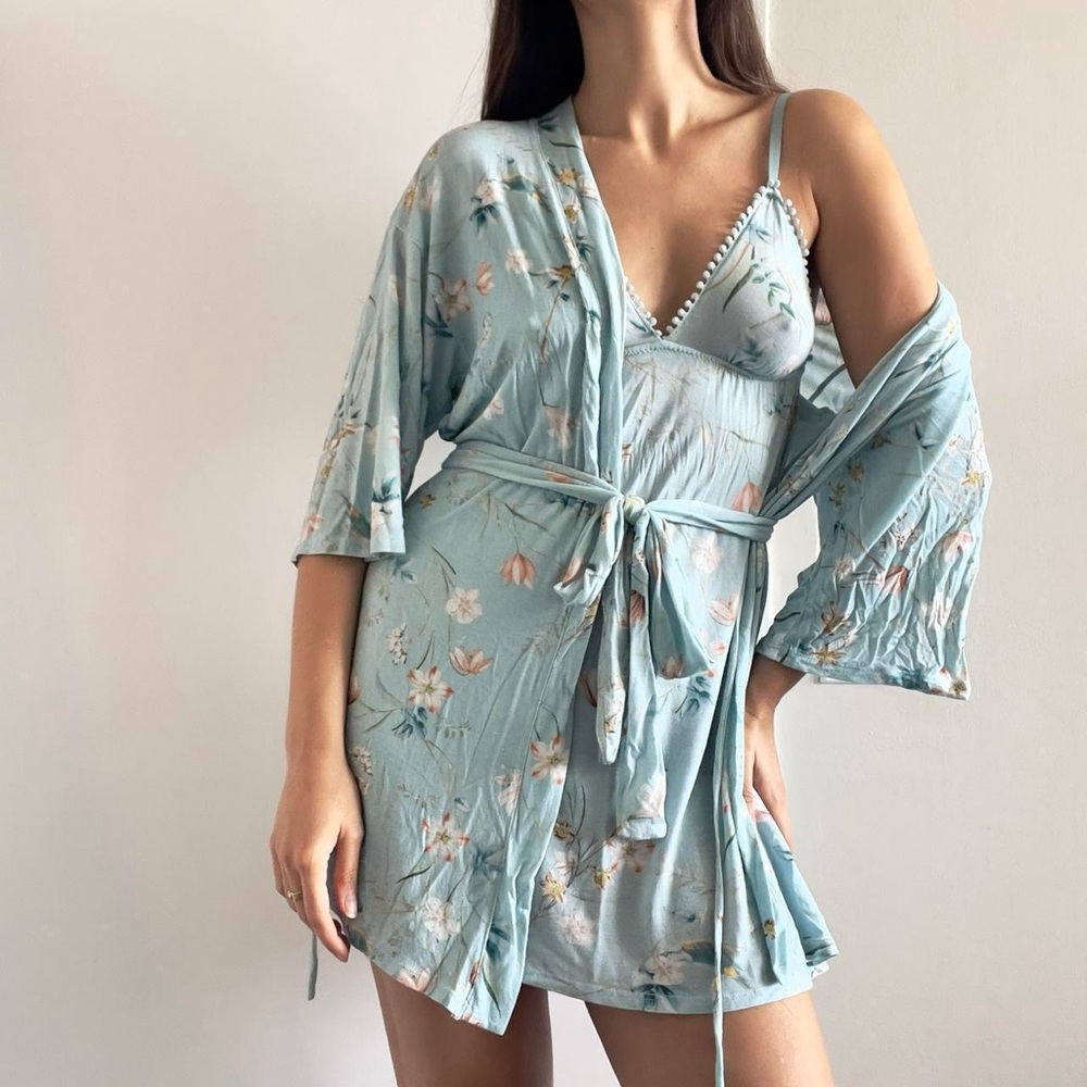 Flora Nikrooz | Turquoise floral babydoll sleep night gown robe set | Sizes XS/S